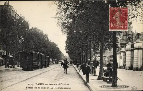 Ak Paris XIV Observatoire, Avenue d'Orléansm Entrée de la Maison la Rochfoucault, Tramway