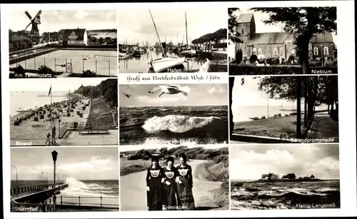 Ak Wyk auf Föhr Nordfriesland, Tennisplatz, Hafen, Nieblum, Strandpromenade, Sturmflut, Friesinnen