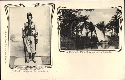 Jugendstil Passepartout Ak Luanda Angola, Rio Dande, Soldado indigena de infanteria
