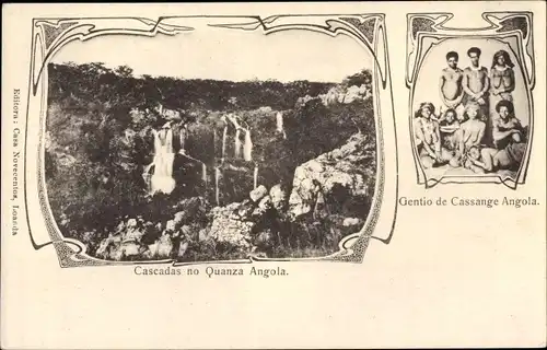 Jugendstil Passepartout Ak Angola, Cascadas no Quanza, Gentio de Cassange Angola