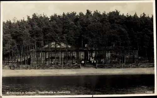 Ak Trzcianka Schönlanke an der Ostbahn Posen, Strandhalle am Zaskersee