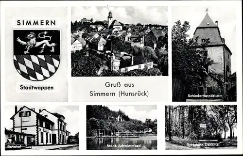 Wappen Ak Simmern im Hunsrück, Schinderhannesturm, Bahnhof, Rottmann Denkmal, Schwimmbad