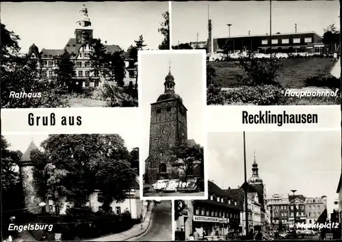 Ak Recklinghausen im Ruhrgebiet, Rathaus, Markt, Kirche, Bahnhofsvorplatz, Engelsburg