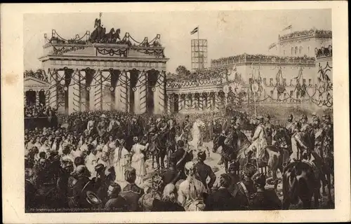 Künstler Ak Camphausen, Berlin Mitte, Brandenburger Tor, Einzug der Truppen 1871, Rotes Kreuz 1911