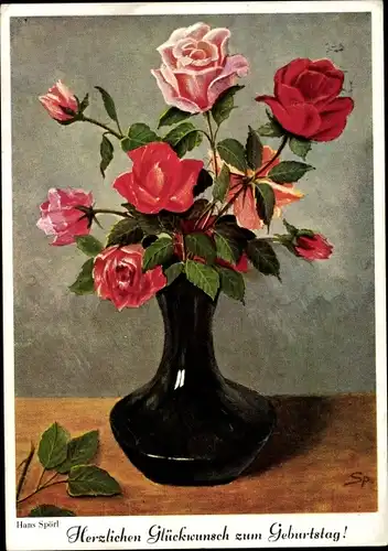 Künstler Ak Spörl, Hans, Glückwunsch Geburtstag, Rosen in einer Vase