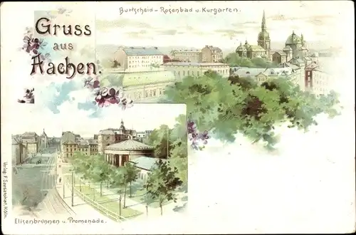 Litho Burtscheid Aachen in Nordrhein Westfalen, Rosengarten, Kurgarten, Elisenbrunnen, Promenade