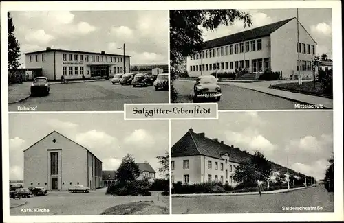 Ak Lebenstedt Salzgitter Niedersachsen, Bahnhof, Mittelschule, Kath. Kirche, Salderschestraße