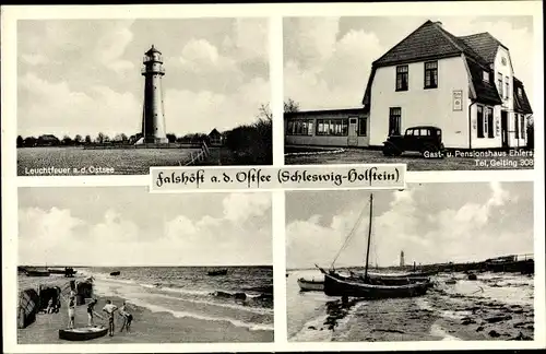 Ak Falshöft Nieby an der Ostsee, Leuchtturm, Strand, Gast- und Pensionshaus Ehlers