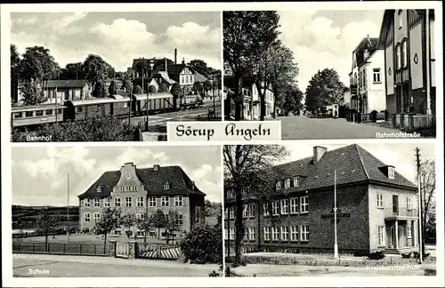 Ak Sörup in Angeln, Bahnhof, Straßenseite, Bahnhofstraße, Schule, Kreisberufsschule