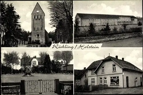 Ak Rickling in Holstein, Straßenpartie, Geschäft, Kirche