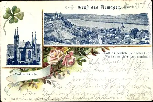 Litho Remagen am Rhein, Totale, Apollinariskirche, Kleeblatt