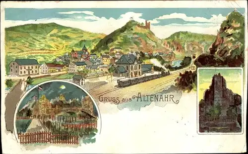 Litho Altenahr im Ahrtal, Totale mit Bahnhof, Ruine