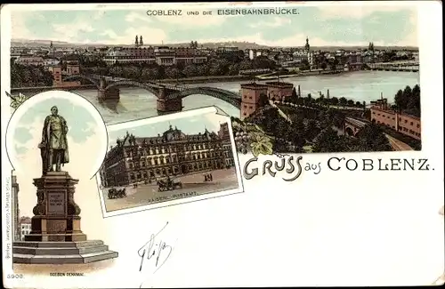 Litho Koblenz am Rhein, Totale mit Eisenbahnbrücke, Postamt, Goeben Denkmal