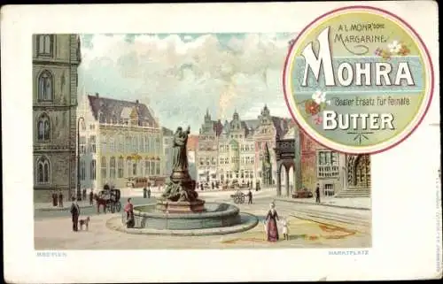 Litho Hansestadt Bremen, Marktplatz, Brunnen, Reklame, Mohra Margarine