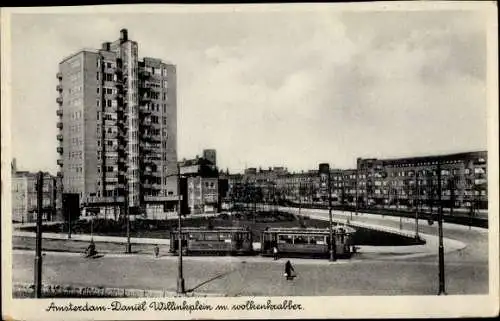 Ak Amsterdam Nordholland, Daniel Willinkplein met Wolkenkrabber, Straßenbahn