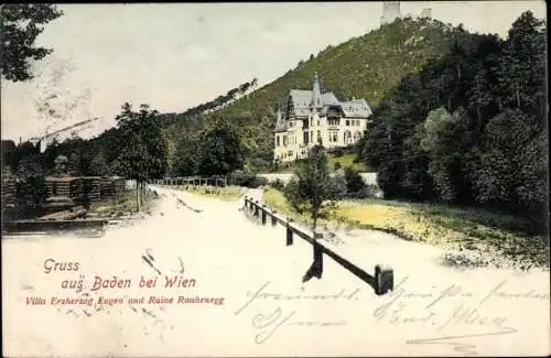 Ak Baden bei Wien in Niederösterreich, Villa Erzherzog Eugen und Ruine Rauhenegg