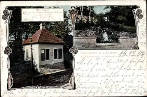 Jugendstil Ak Dresden Loschwitz, Schillerhäuschen, Denkmal