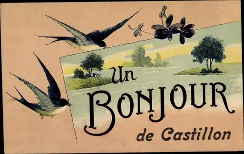 Ak Castillon Calvados, Un Bonjour, Bäume, Vögel, Veilchen, Souvenir