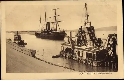 Ak Port Said Ägypten, A dredging machine, une Drague, Dampfschiff, Kanal