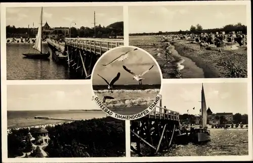 Ak Ostseebad Timmendorfer Strand, Landungsbrücke, Strandleben, Segelboot, Möwen