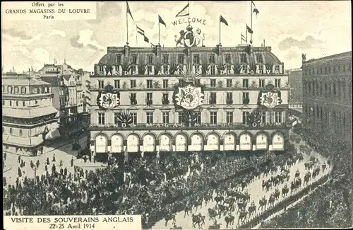 Ak Paris I., Grands Magasins du Louvre, Visite des Souverains Anglais 1914