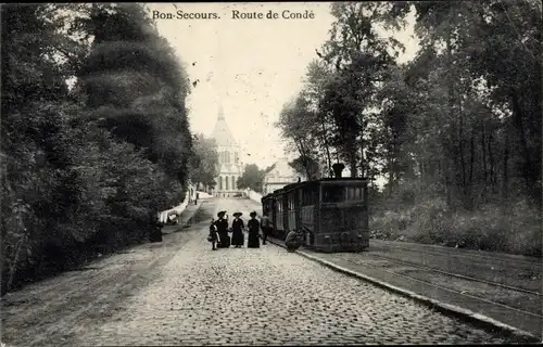 Ak Bon Secours Bonsecours Péruwelz Hennegau, Route de Conde, Eisenbahn