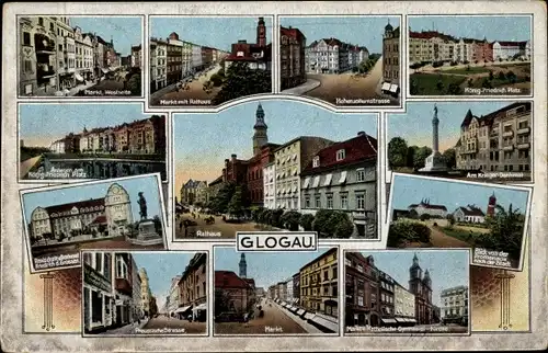 Ak Głogów Glogau Schlesien, Markt, Rathaus, Kriegerdenkmal, Hozenzollernstraße, Kirche, Gymnasium