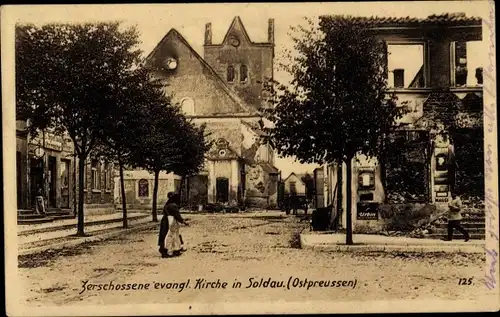 Ak Działdowo Soldau Ostpreußen, Zerschossene evangelische Kirche, 1. WK