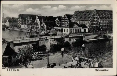 Ak Elbląg Elbing Ostpreußen, Hafenspeicher, Brücke