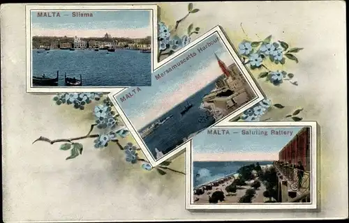 Passepartout Ak Sliema Malta, Marsamuscetto Habour, Saluting Battery, Hafenpartie, Salutschüsse