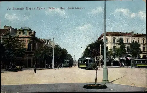 Ak Sofia Bulgarien, Rue Marie Louise, Straßenpartie, Straßenbahnen