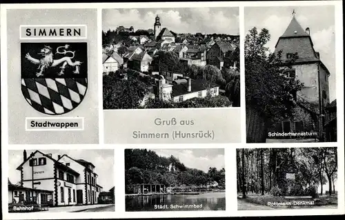 Wappen Ak Simmern im Hunsrück, Schinderhannesturm, Bahnhof, Rottmann Denkmal, Schwimmbad