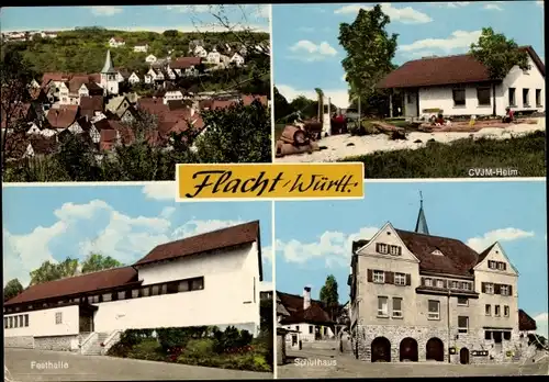 Ak Flacht Weissach in Württemberg, Ortsansicht, CVJM, Festhalle, Schulhaus