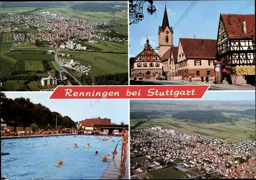 Ak Renningen in Württemberg, Luftaufnahmen, Schwimmbad, Straßenpartie