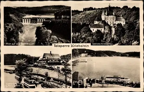 Ak Kriebstein Mittelsachsen, Talsperre, Sperrmauer, Schloss, Gaststätte, Motorboote