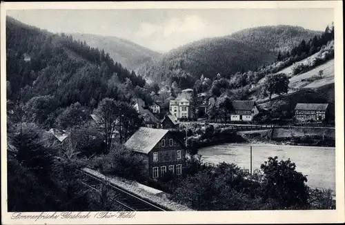 Ak Mellenbach Glasbach im Schwarzatal, Sommerfrische, Teilansicht vom Ort, Berge, Bahnstrecke