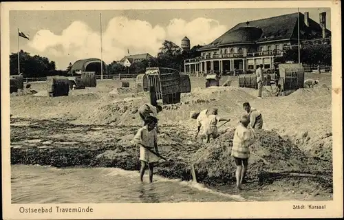 Ak Ostseebad Travemünde Lübeck, Strandpartie, Städtischer Kursaal