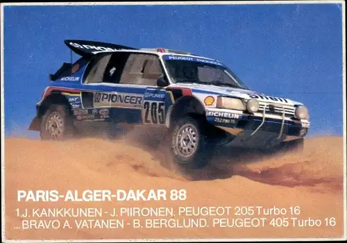 Ak Paris-Alger-Dakar 1988, 1. J. Kankkunen, J. Piironen, Peugeot 205 Turbo 16, Rennwagen
