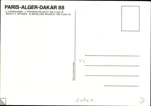 Ak Paris-Alger-Dakar 1988, 1. J. Kankkunen, J. Piironen, Peugeot 205 Turbo 16, Rennwagen