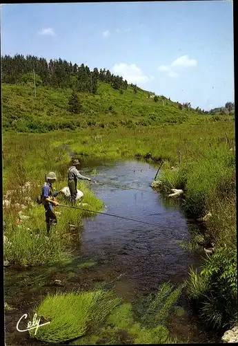 Ak Un joli coin de peche a la truite, Männer beim Angeln, Fluss