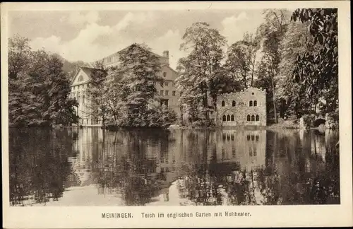 Ak Meiningen in Thüringen, Teich im englischen Garten mit Hoftheater