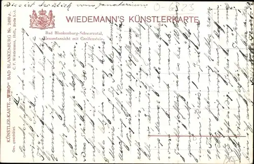 Künstler Ak Blankenburg Schwarzatal, Gesamtansicht vom Greifenstein, Nr. 2480 A