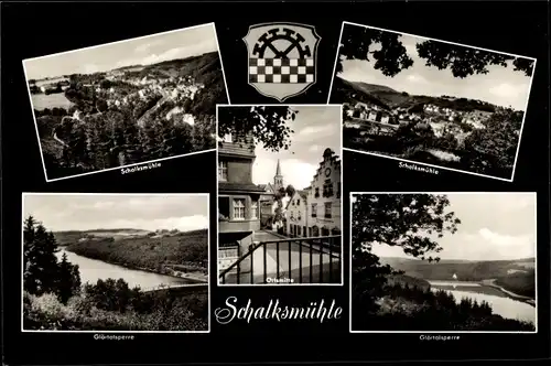 Ak Schalksmühle im Sauerland, Gesamtansicht, Talsperre, Wappen