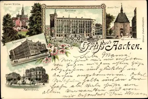 Litho Aachen in Nordrhein Westfalen, Marienkirche, Rathaus, Marschiertor, Polytechnikum, Kaiserplatz