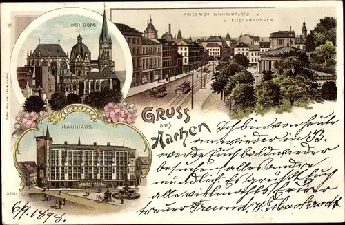 Litho Aachen in Nordrhein Westfalen, Dom, Rathaus, Friedrich-Wilhelm-Platz, Elisenbrunnen