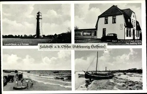 Ak Falshöft Nieby an der Ostsee, Leuchtturm, Strand, Gast- und Pensionshaus Ehlers