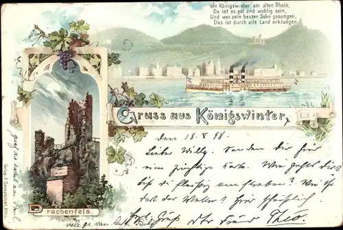 Litho Königswinter am Rhein, Drachenfels, Salondampfer