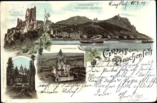 Litho Königswinter am Rhein, Ruine Drachenfels, Drachenburg, Zahnradbahn