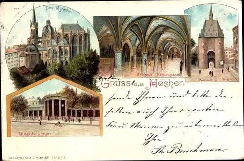 Litho Aachen in Nordrhein Westfalen, Rathaus, Krönungssaal, Maschier Tor, Elisenbrunnen, Das Münster