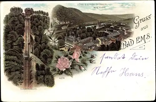 Litho Bad Ems an der Lahn, Panorama, Hotel Zu den vier Türmen, Neue Kirche, Malbergbahn